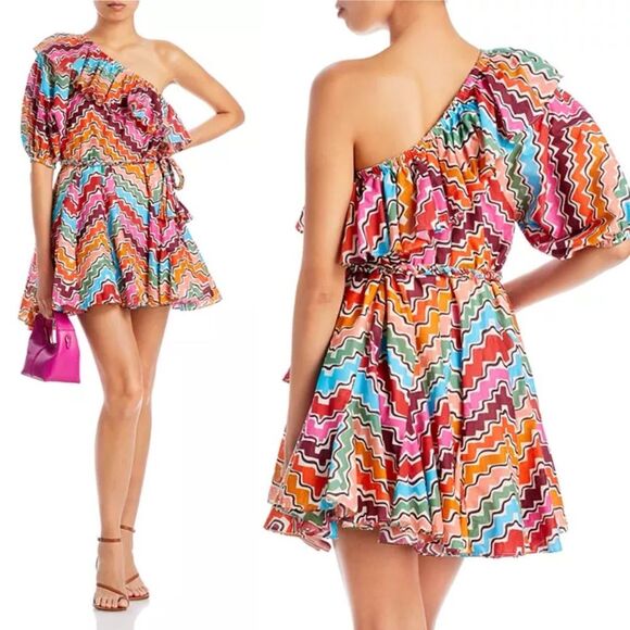 RHODE Ozzie Cotton Printed One Shoulder Dress in Multi Size Small - Picture 3 of 10